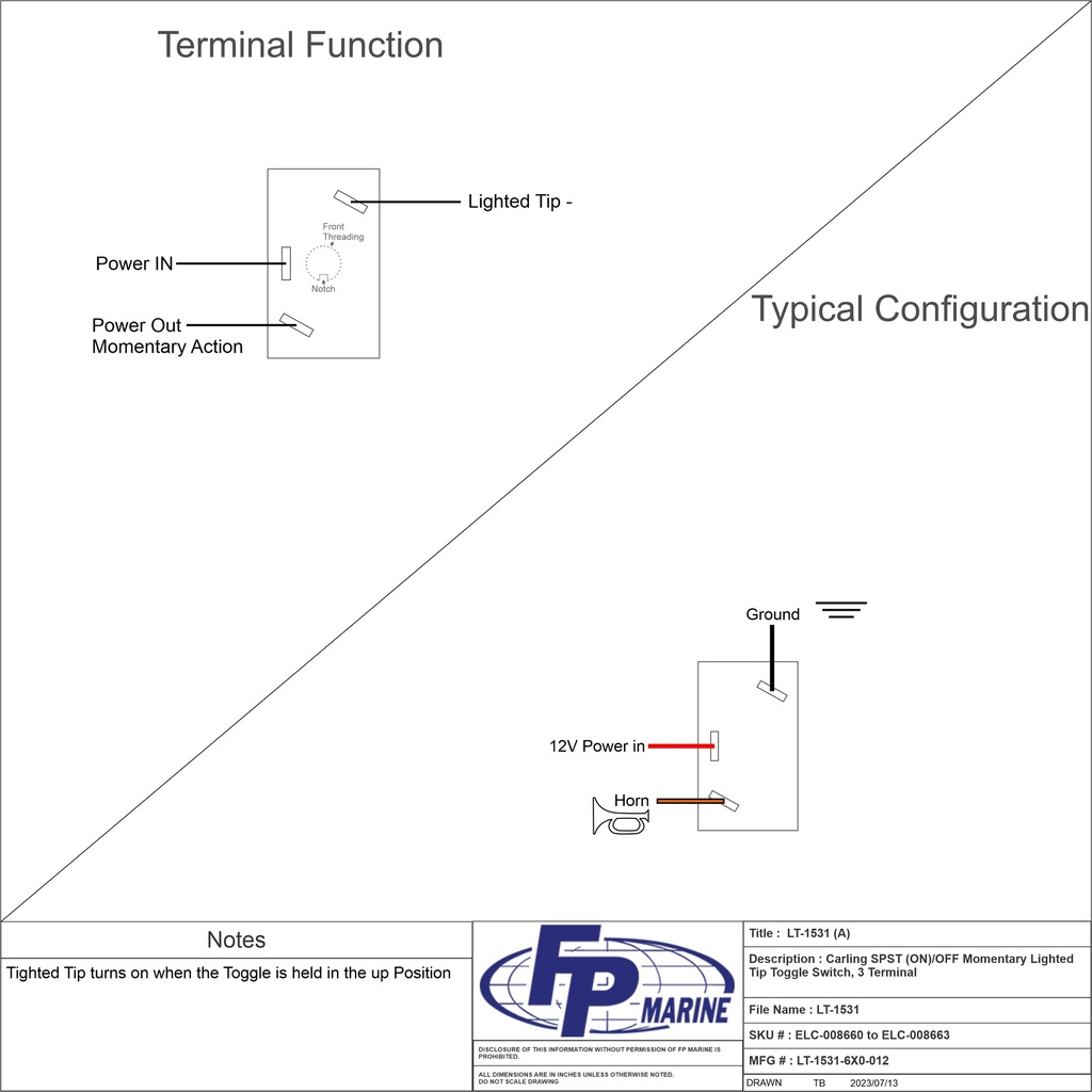 LT-1531, Carling SPST (ON)/OFF Momentary Lighted Tip Toggle Switch, 3 Terminal