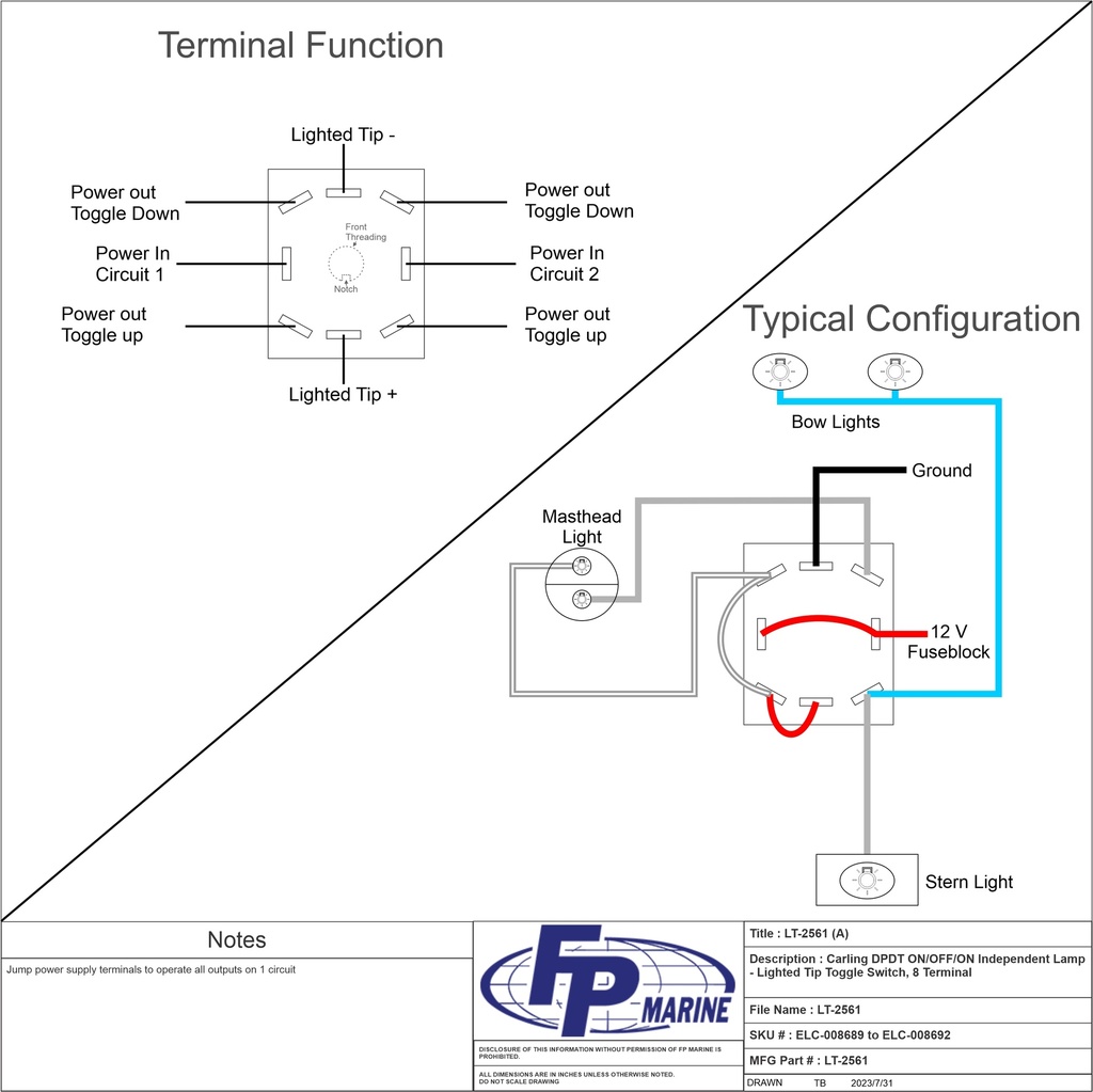LT-2561 ON/OFF/ON DP Blue/Satin lighted tip toggle switch
