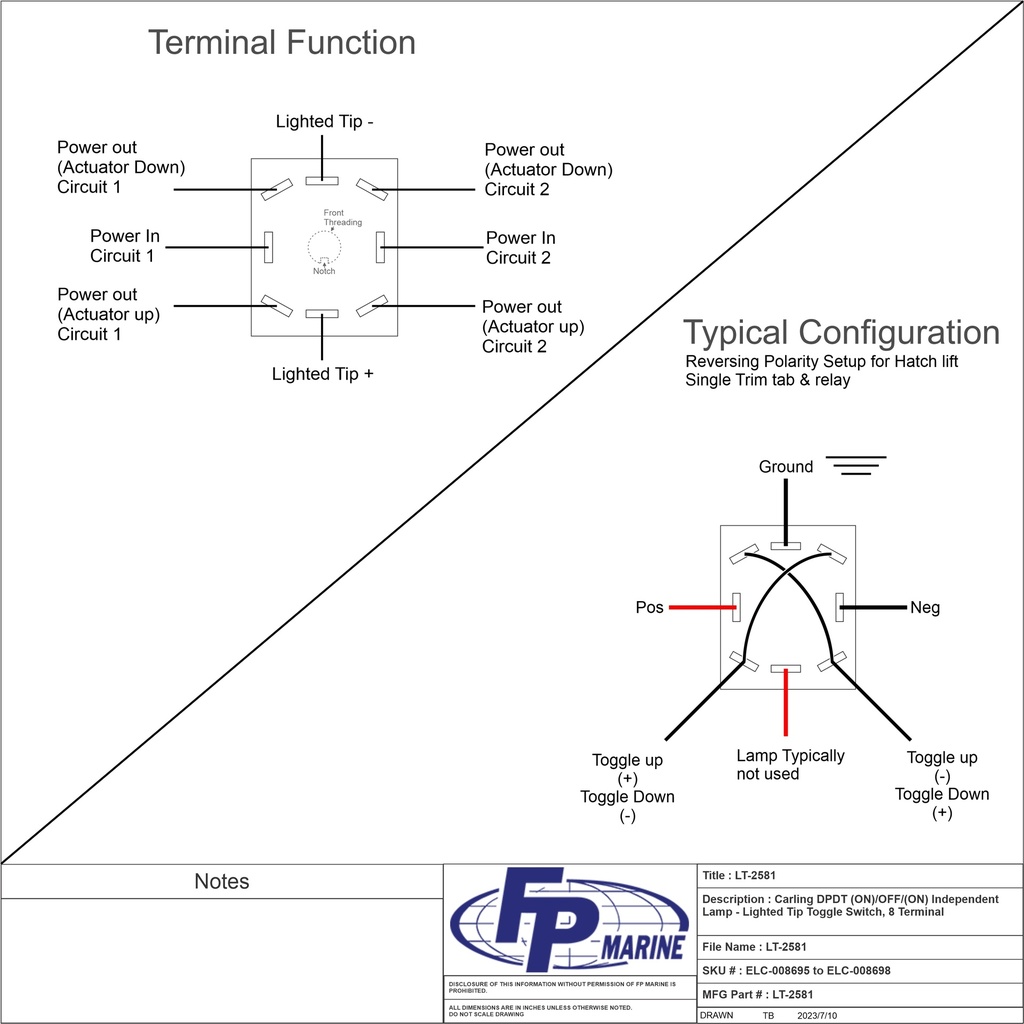 LT-2581-1 Carling DPDT (ON)/OFF/(ON) Independent Lamp - Lighted Tip Toggle Switch, 8 Terminal