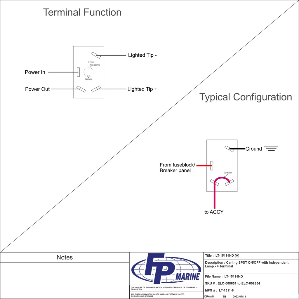 LT-1511-6 Carling SPST ON/OFF with Independent Lamp -  4 Terminal