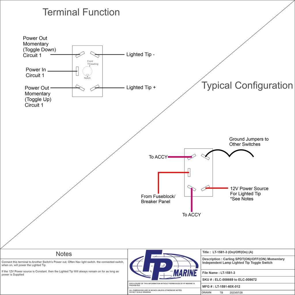 LT-1581 SPDT (ON)/OFF/(ON) Momentary w/ Independent Lamp. 5 terminal