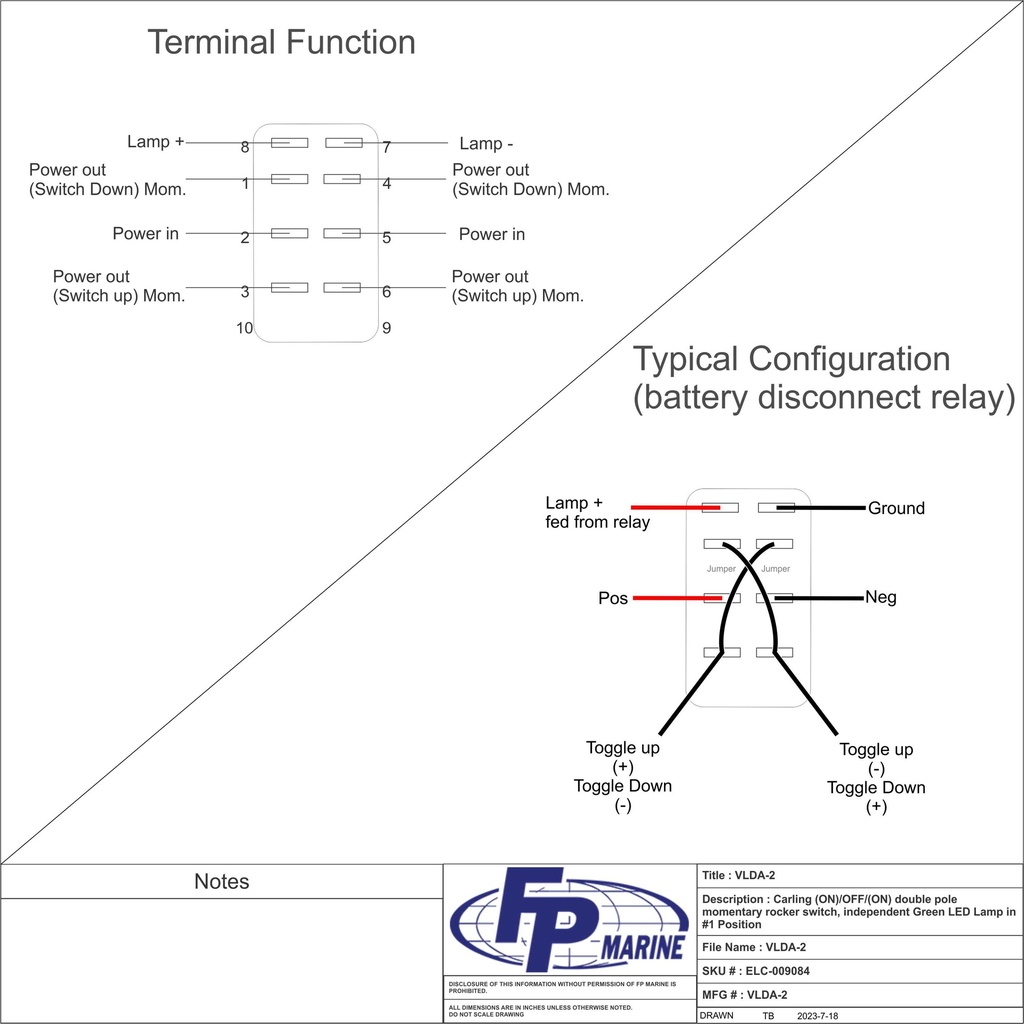 VLDA-2 Carling (ON)/OFF/(ON) double pole momentary rocker switch, independent Green LED Lamp in #1 Position