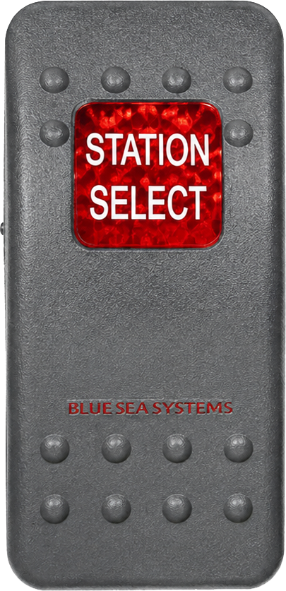 C2-T Carling Contura II V series rocker switch actuator - Station Select With Red Box Text and Red Lens