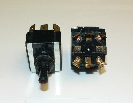 LT-2581-5 Carling DPDT (ON)/OFF/(ON) Independent Lamp - Red Lighted Tip Toggle Switch, Black Handle, 8 Terminal