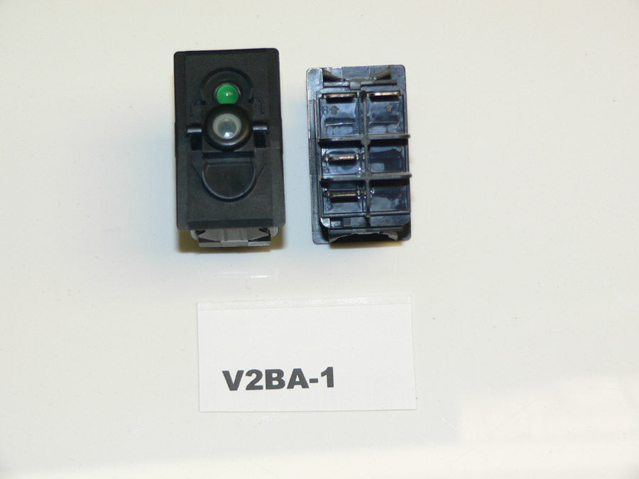 V2BA-1 Carling (ON)/OFF Momentary single pole rocker switch w/independent 24V Green LED lamp in position #1