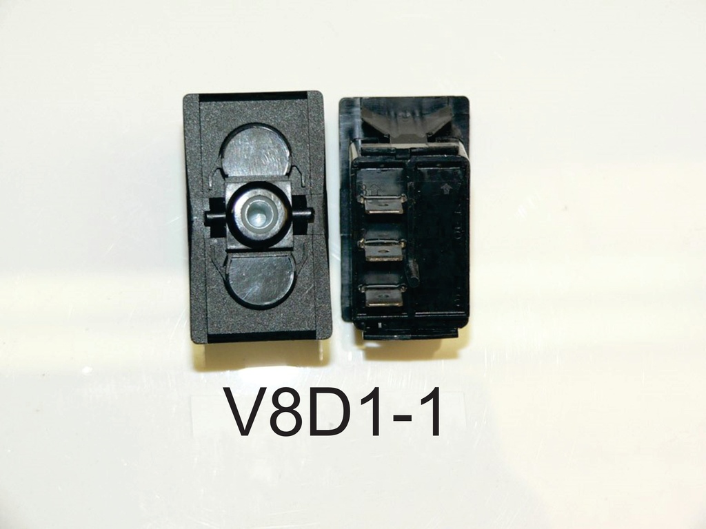V8D1-1 Carling (ON)/OFF/(ON) Momentary Single Pole rocker switch with no lamps. Used for Emergency Start, Outdrive Trim, Dimmer, Windlass Control.