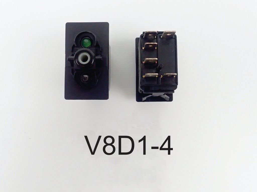 V8D1-4 Carling (ON)/OFF/(ON) momentary single pole rocker switch with independent clear and green lamps
