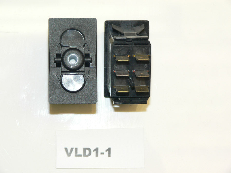 VLD1-1 Carling  (ON)/OFF/(ON) Double Pole Momentary Rocker Switch no lamps. VLD1S00B Windshield Vent, Hatch Lift, Trim Tabs