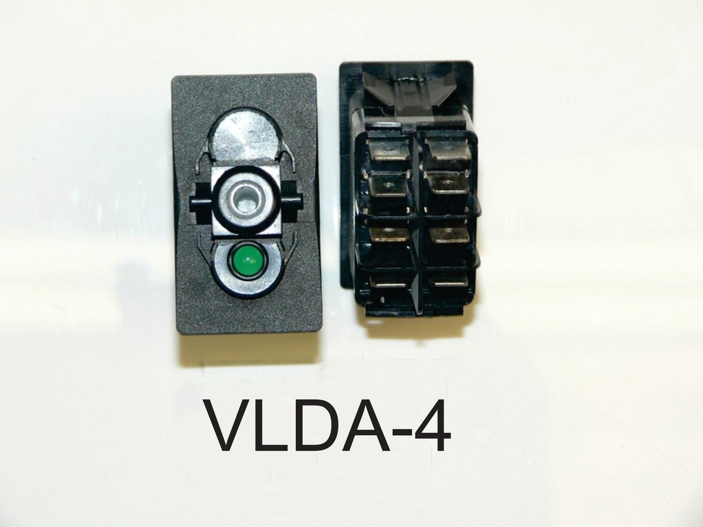 VLDA-4 Carling (ON)/OFF/(ON) double pole momentary rocker switch, independent Green LED Lamp in #2 Position