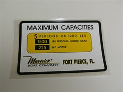 Capacity Plate for Maverick Boat 5 Persons/1200lbs, 1500lbs total, 225HP