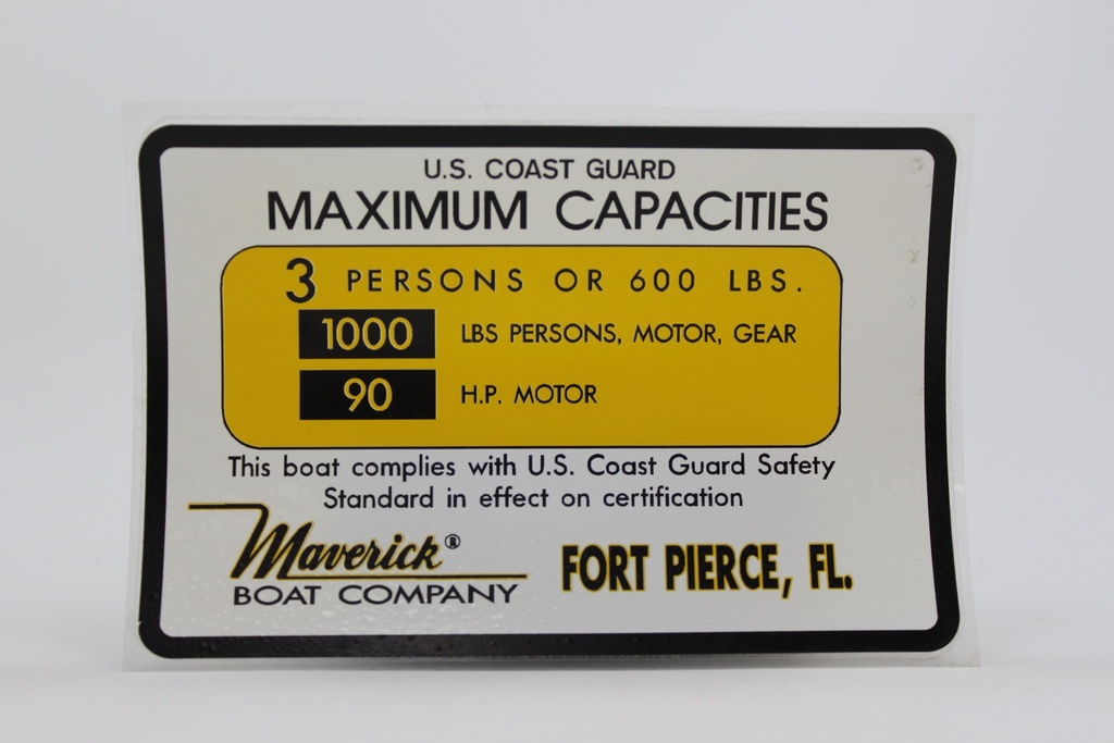 Capacity Plate for Maverick Boat 3 Persons/600lbs, 1000lbs total, 90HP