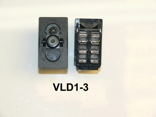 [ELC-009081] VLD1-3 Carling (ON)/OFF/(ON) double pole momentary rocker switch, independent clear lamp in position #1.