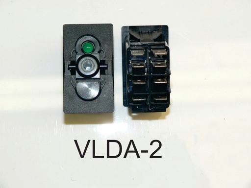 [ELC-009084] VLDA-2 Carling (ON)/OFF/(ON) double pole momentary rocker switch, independent Green LED Lamp in #1 Position
