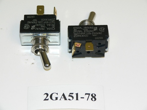[ELC-012002] ON/OFF Single Pole Toggle Switch. Carling Part # 2GA51-78. Old Sea Ray Part # 604645. 2 Spade Terminals.