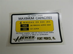 [DCL-000001] Capacity Plate for Hewes Boat 4 Persons/800lbs, 1100lbs total, 130HP