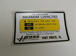 [DCL-000002] Capacity Plate for Hewes Boat 4 Persons/600lbs, 1145lbs total, 90HP
