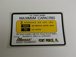 [DCL-000010] Capacity Plate for Maverick Boat 3 Persons/600lbs, 1000lbs total, 115HP