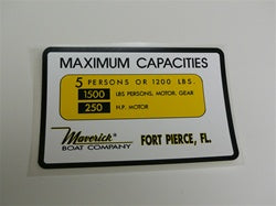 [DCL-000012] Capacity Plate for Maverick Boat 5 Persons/1200lbs, 1500lbs total, 250HP