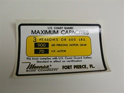 [DCL-000013] Capacity Plate for Maverick Boat 3 Persons/600lbs, 900lbs total, 70HP