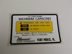 [DCL-000015] Capacity Plate for Maverick Boat 4 Persons/700lbs, 1200lbs total, 150HP