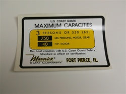 [DCL-000016] Capacity Plate for Maverick Boat 3 Persons/550lbs, 750lbs total, 40HP