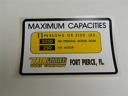 [DCL-000026] Capacity Plate for Pathfinder Boat 11 Persons/2100lbs, 2350lbs total, 250HP