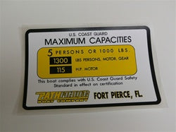 [DCL-000030] Capacity Plate for Pathfinder Boat 5 Persons/1000lbs, 1300lbs, 115HP