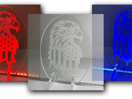 [FPLS-03010] Engraved Clear Acrylic Display: American Bald Eagle w/ Flag - SMALL